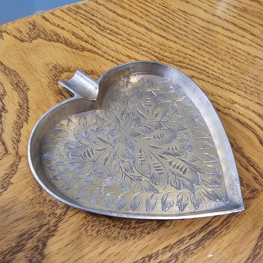 Vintage Brass Floral Etched Brass Heart Ashtray Dish India